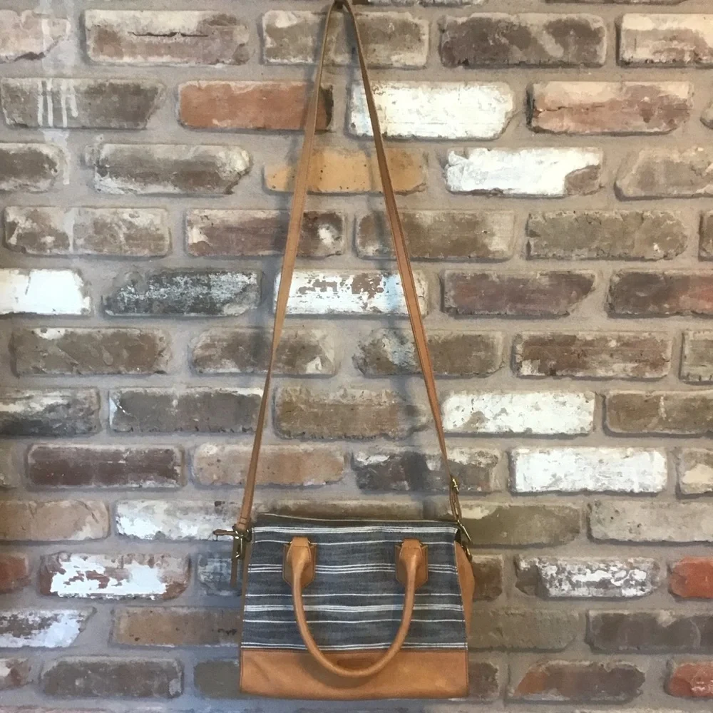 FOSSIL Black Ecru Stripe Textile Cognac Leather Trim Satchel Shoulder Bag